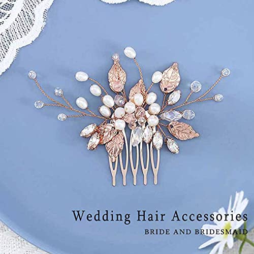 Ybshin Bride Wedding Hair Combs Silver Crystal Blue Hair Bands Beaded Headpieces Leaves Bridal Hair Accessories For Women And Girls (B-Rose Glod) #TOP1