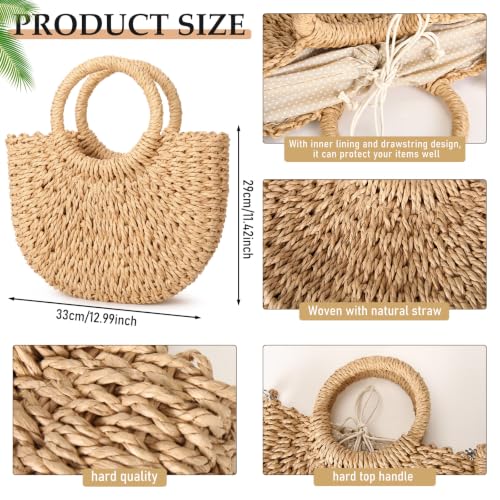 Image of BBTO 8 Pcs Semi Circle Straw Bag for Women, Rattan Woven Crossbody Bag, Retro Travel Bride Tote Handbag for Summer Beach