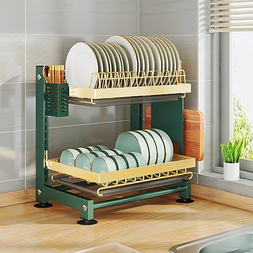 2 Tier Dish Dryer Rack with Drip Tray & Drink Holder Large Capacity Utensil Holder Space Saving Kitchen Countertop for Efficient Drying & Easy Access