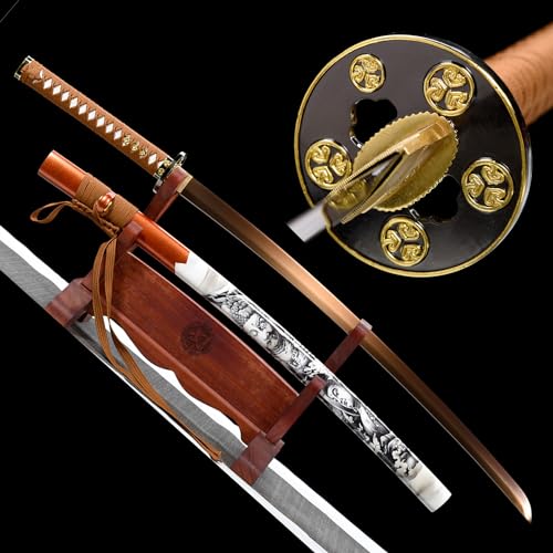 HERO SWORD-Luxury Gold Katana The Buddha Theme Samurai Sword Combat Ready 1095 High Carbon Steel No Bo Hi Blade Japanese Sword Very Sharp Cool Weapon for Mens