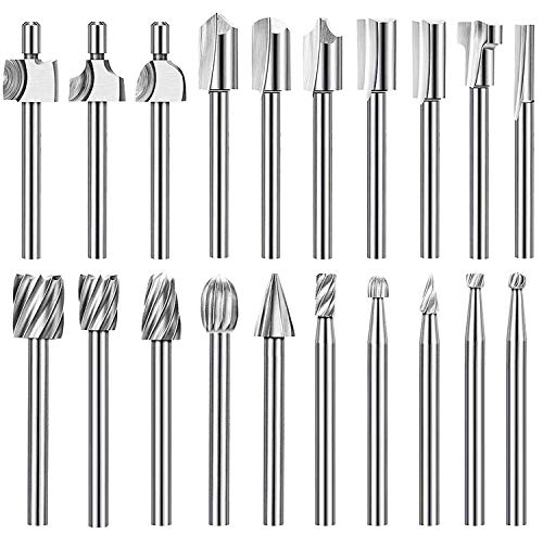 Hakkin Wood Carving Tools 20Pcs HSS Router Bits with 3mm Shank for Power Rotary Tools Carbide Burr Set Rotary Tool Accessories for DIY Woodworking Carving Engraving Drilling