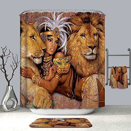 Fangkun Shower Curtain African Woman And Lions Beautiful Woman 3D Printing Bath Curtains - Polyester Fabric Bathroom Decor Set - 12Pcs Shower Hooks - 72 X 72 Inches #TOP1