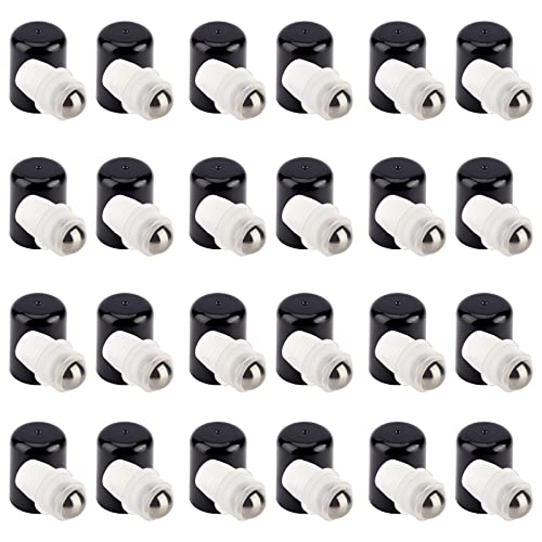 BENECREAT 24Sets Essential Oil Roller Inserts Kit, Stainless Steel Roller Balls and Black Bottle Cap for 5~15ml Essential Oils, Cosmetics Bottle, 9mm inner diameter