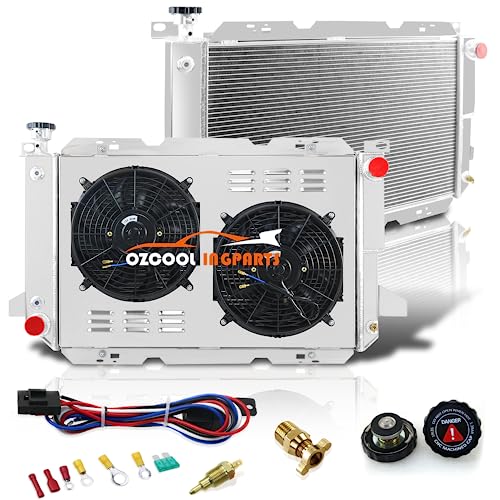 Ozcoolingparts 4 Row Core Full Aluminum Dpi1451 Radiator + 2 X 12" Fan W/Louver Shroud + Thermostat/Relay Wire Kit For 1985-1997 86 87 Ford F-150 F-250 F-350 Bronco V8 Engine (4 Row Core) #TOP7