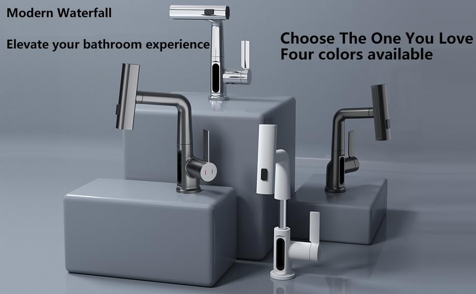 Miniatura 5 de Grifos de baño en cascada con rociador extraíble, moderno grifo de lavabo extraíble de una sola manija, grifo mezclador de lavabo de altura