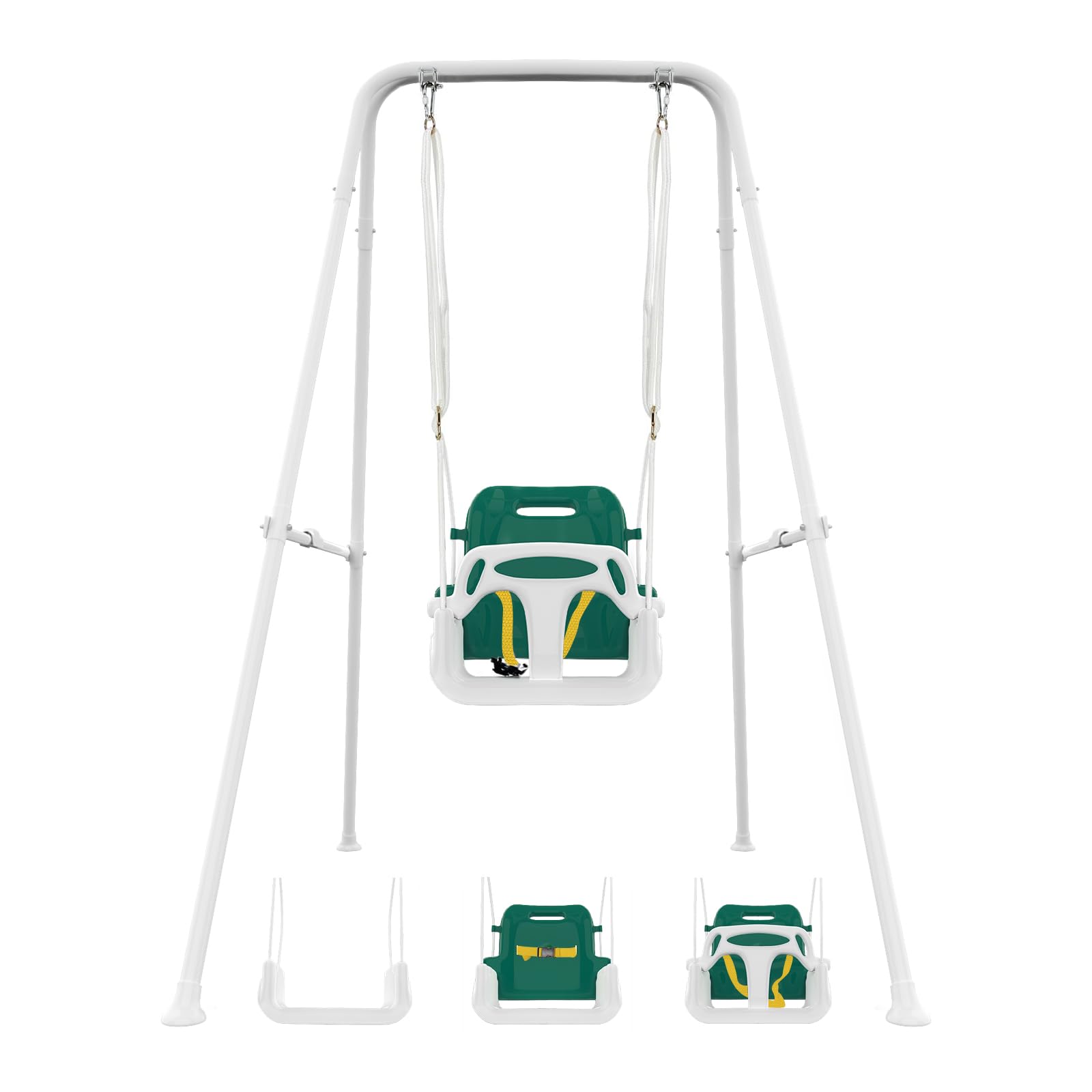 Columpio para bebé 3 en 1 para interior y exterior con estructura, columpio infantil con soporte de metal, columpio infantil para exteriores, adecuado para niños de 6 meses a 10 años (blanco y verde)