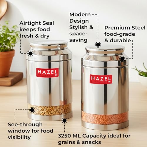 Image of HAZEL Steel Transparent Airtight Jar 3250 ML - Set of 2 | Storage Container for Grains, Pulses & Snacks