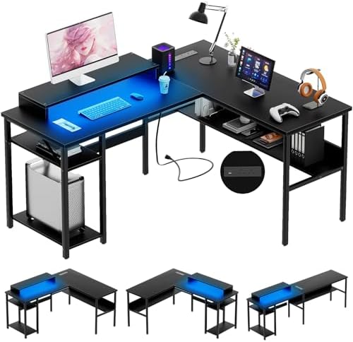 L Shaped Desk, Gaming Desk with LED Lights, Reversible Computer D...