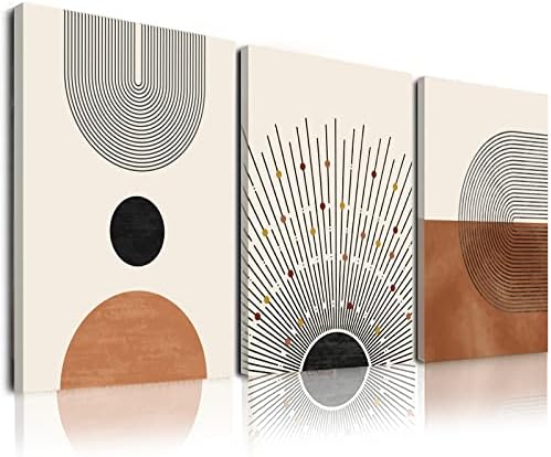 Minimalist Boho Wall Art Set of 3, Mid-Century Modern Wall Art Decor, Neutral Geometric Line Sun Canvas Prints Artwork, Framed Abstract Boho Wall Art Decor for Bathroom, Bedroom, Living Room, Office