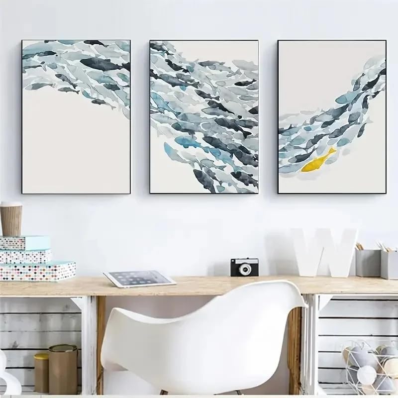 Tableau abstrait aquarelle poissons dorés toile bleue décoration murale moderne 40x50