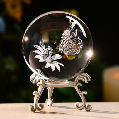ZRENJHUS 3D Butterfly Crystal Ball Butterfly on Sunflower in Glass Ball 60mm Decorative Glass Ball with Stand Gifts for Women Girlfriend Wife Mom Couple Her
