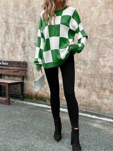 Image of SHENHE Women's Checkered Color Block Oversized Sweater Plaid Crew Neck Drop Shoulder Pullovers