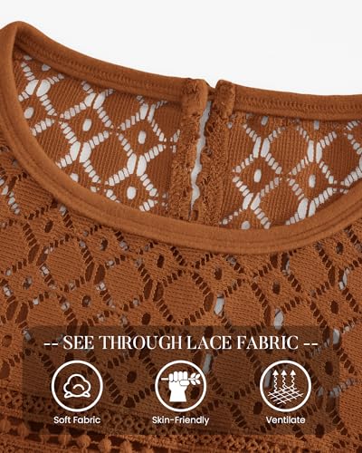 BTFBM Lace Long Sleeve Shirts Womens Tops Dressy Casual Knit Boho Lightweight Blouses Winter Clothing Fall Fashion(Orange Brown, X-Large)