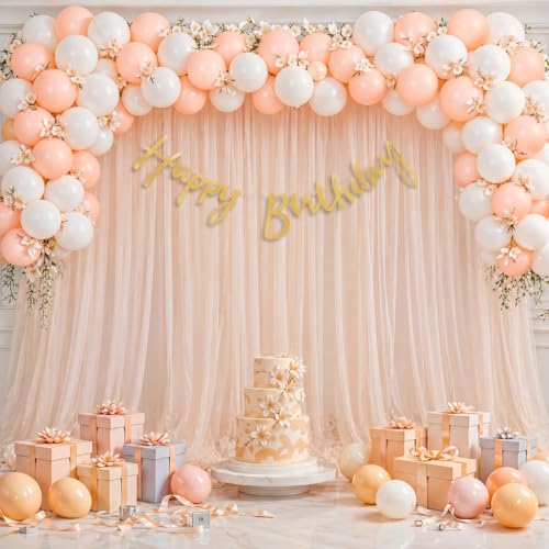 Image of Party Propz Happy Birthday Decoration Kit for Girls -46 Pcs, Birthday Decoration Items with Peach Curtains, Golden Happy Birthday Banner, Balloons for Birthday Decoration for Girls (Cardstock, Latex)