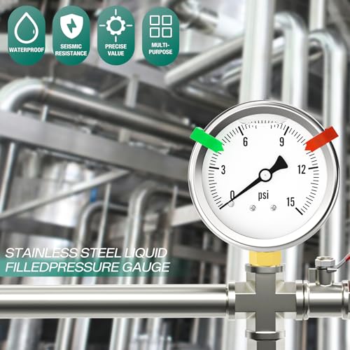 Image of 0-15PSI Stainless Steel Liquid Filled Pressure Gauge, 2.5 inch Single Scale Face Dial, 1 /4 inch NPT Lower Mount, for Tube, Water Pump, Gas, Liquid, Pressure Test (with Range Mark Pointer)