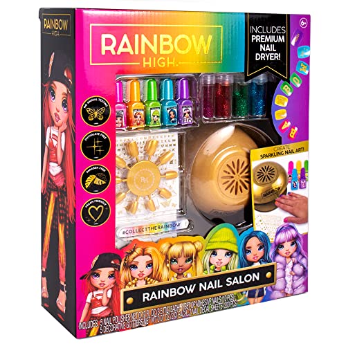 Horizon Group Usa Rainbow High Rainbow Nail Salon, Includes 5 Nail Polishes, Nail Stickers, Stick-On Nails, Glitter & Nail Dryer, Nail Art Kit For Girls Ages 7-12, Multi #TOP6