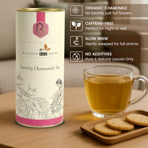 Image of Blossom & Brew Serenity Chamomile Tea - Soothing Dried Chamomile Flowers - Premium Herbal Infusion with Naturally Caffeine-Free Floral Notes- Handpicked Indian Aromatic Blend (3.52oz)