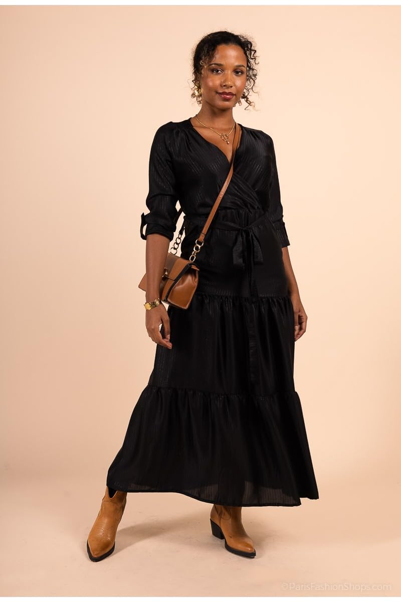 MULTIPLES Robe Longue Cache-cœur satinée Fluide Noir, Grande Taille Disponible, Fabriqué en France