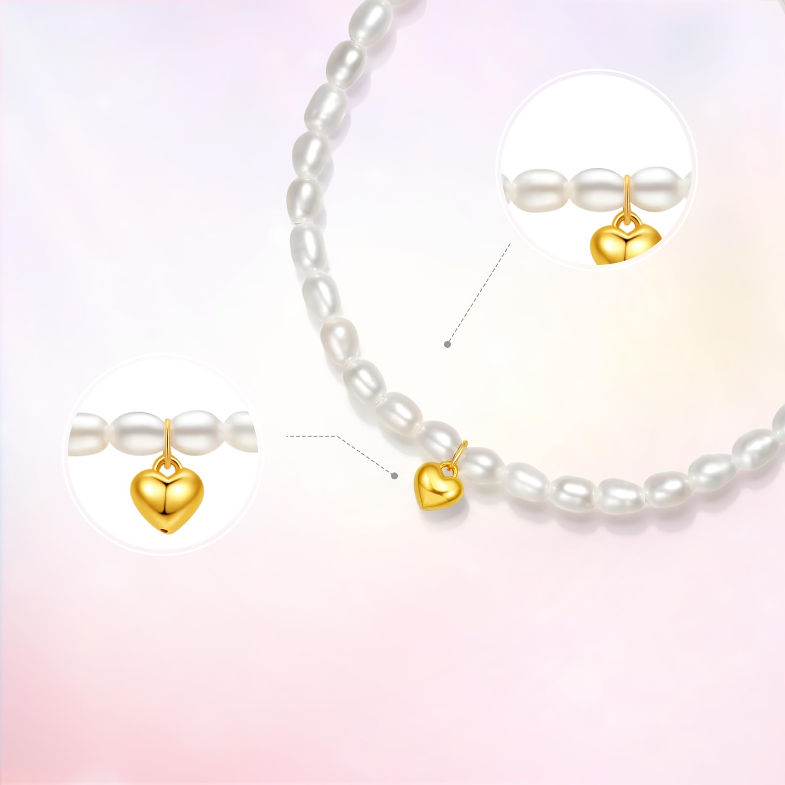 ZHOU LIU FU 18K Gold Süßwasserperle Stretch-Armband 750er Gelbgold Herz Charm Weiße Perlen Beaded Armbänder Schmuck für Damen Mutter Braut Geschenke Hochzeit Geburtstag Jahrestag 17cm