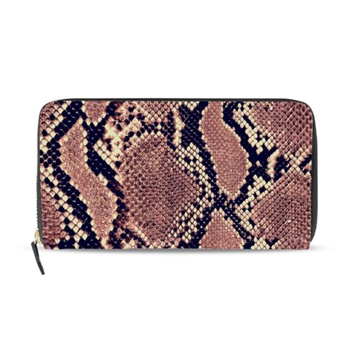 Snake Skin Pink Black Leather Long Wallet Organizer with Zipper Purse Clutch Bag for Women Men Key Card Coin Passport Checkbook 8 x 4 inch