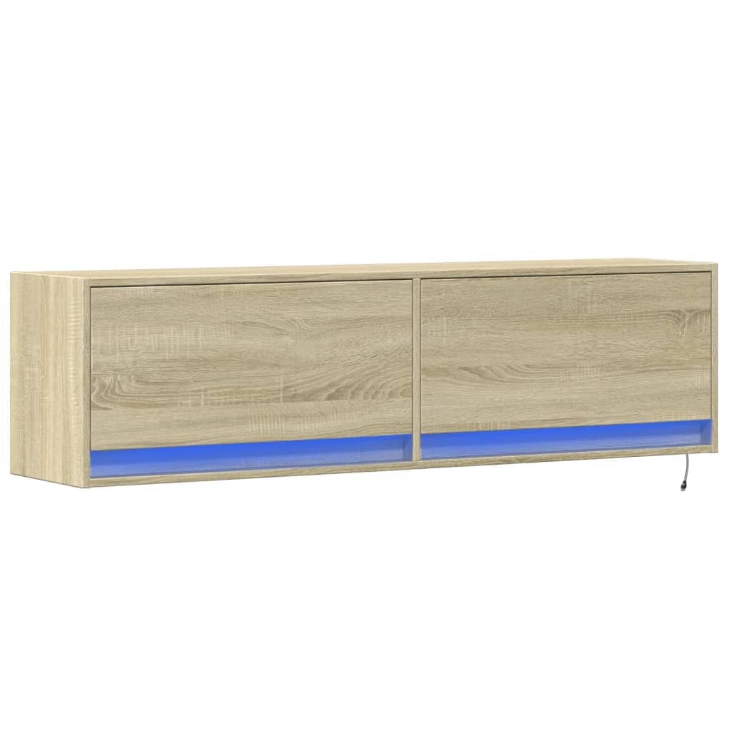 Mueble de TV de pared con iluminación LED RGB, roble de sonoma, 140 x 31 x 38 cm, mueble de TV colgante con 2 cajones, mueble de pared con luz de fondo ajustable, moderno debajo de la TV