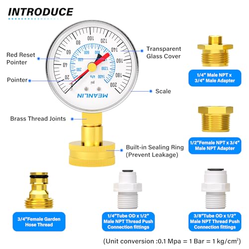 Image of MEANLIN MEASURE 0~200Psi 3 /4 inch Female Water Pressure Kit Plus 5 adapters, 2.5 inch FACE DIAL Multi-Purpose Pressure Gauge kit with Red Indicator Hands, Hydraulic Tester Suitable for Gardens, Water Pipes