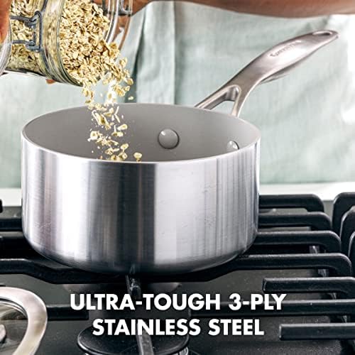 GreenPan Venice Pro Tri-Ply Stainless Steel Healthy Ceramic Nonstick 16cm/1.5L Saucepan Pot with Lid, PFAS-Free, Multi Clad, Induction, Oven Safe, Silver