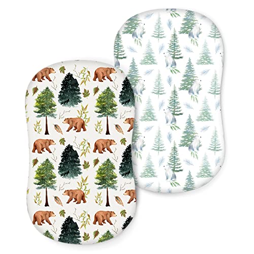 Image of ACRABROS Bassinet Sheets for Baby Boy Girl, Ultra Stretchy Snug Fitted, Bassinet Sheet Set Mattress Protector, 2 Pack,Bears &Forest