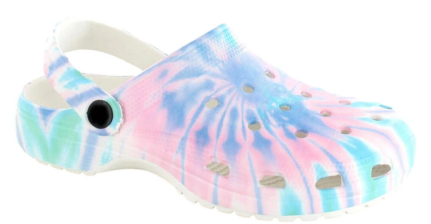 Womens Clogs EVA Slip On Moulded Footbed Lightweight Comfort Stylish Pool Beach Garden Colourful Tie Dye Mules