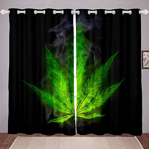 Cannabis Leaves Curtains, Marijuana Weed Window Curtains For Kids Teens Adult, Exotic Leaves Thermal Insulated Window Drapes Decorative Panels For Living Room Bedroom Kitchen, Black Green 76"X54" #TOP30