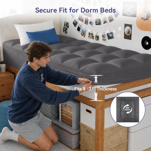 Image of ELEMUSE Twin XL Grey Mattress Topper for Dorm Bed, College Dorm Room Essentials for Girls&Guys, Soft Comfortable Bed Upgrade for Back to School, Apartment&Rental Use