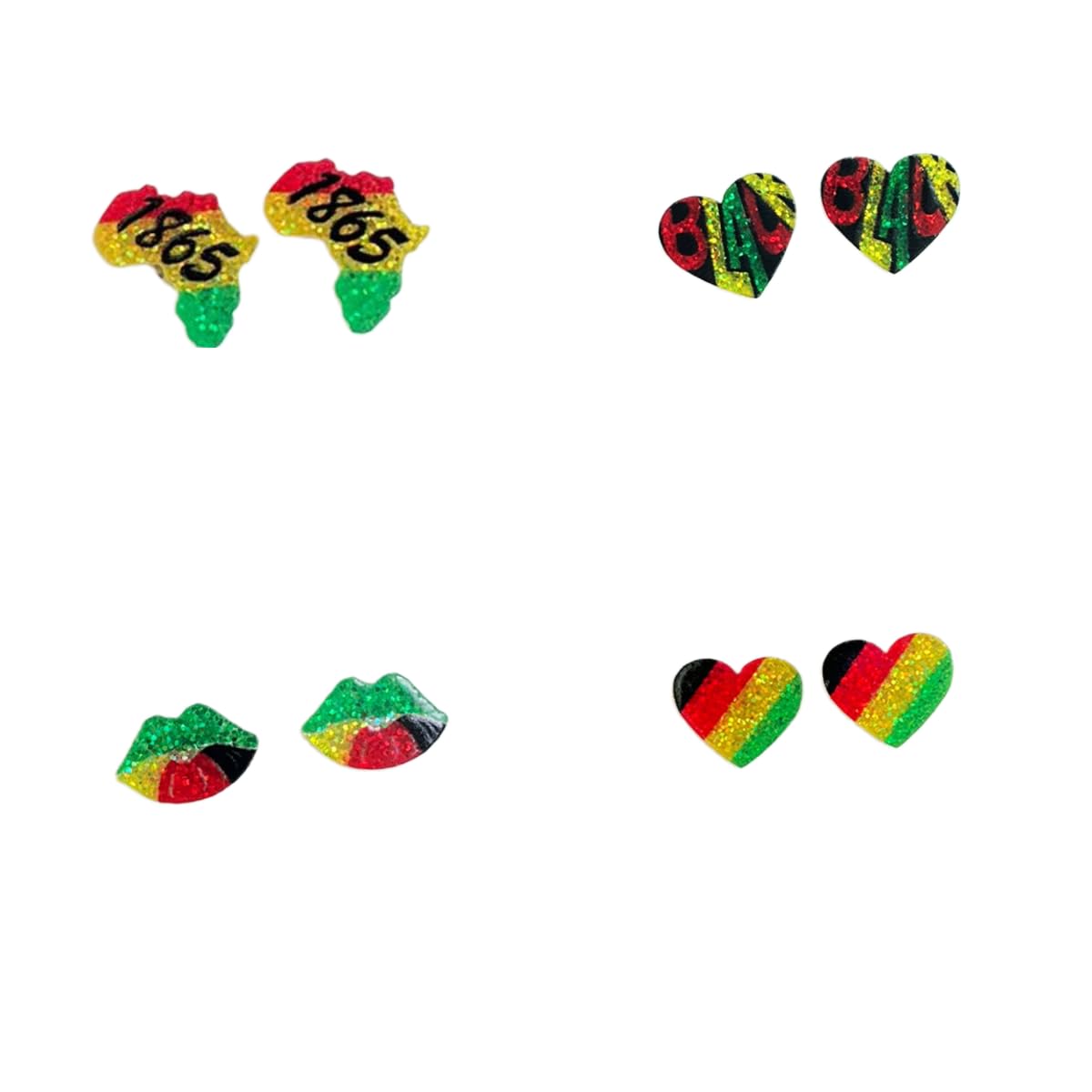 Pingyongchang 4 Pairs Juneteenth African Glitter Acrylic Stud Earrings Set for Women 1865 Africa Map Love Heart Shape Errings Black History Month