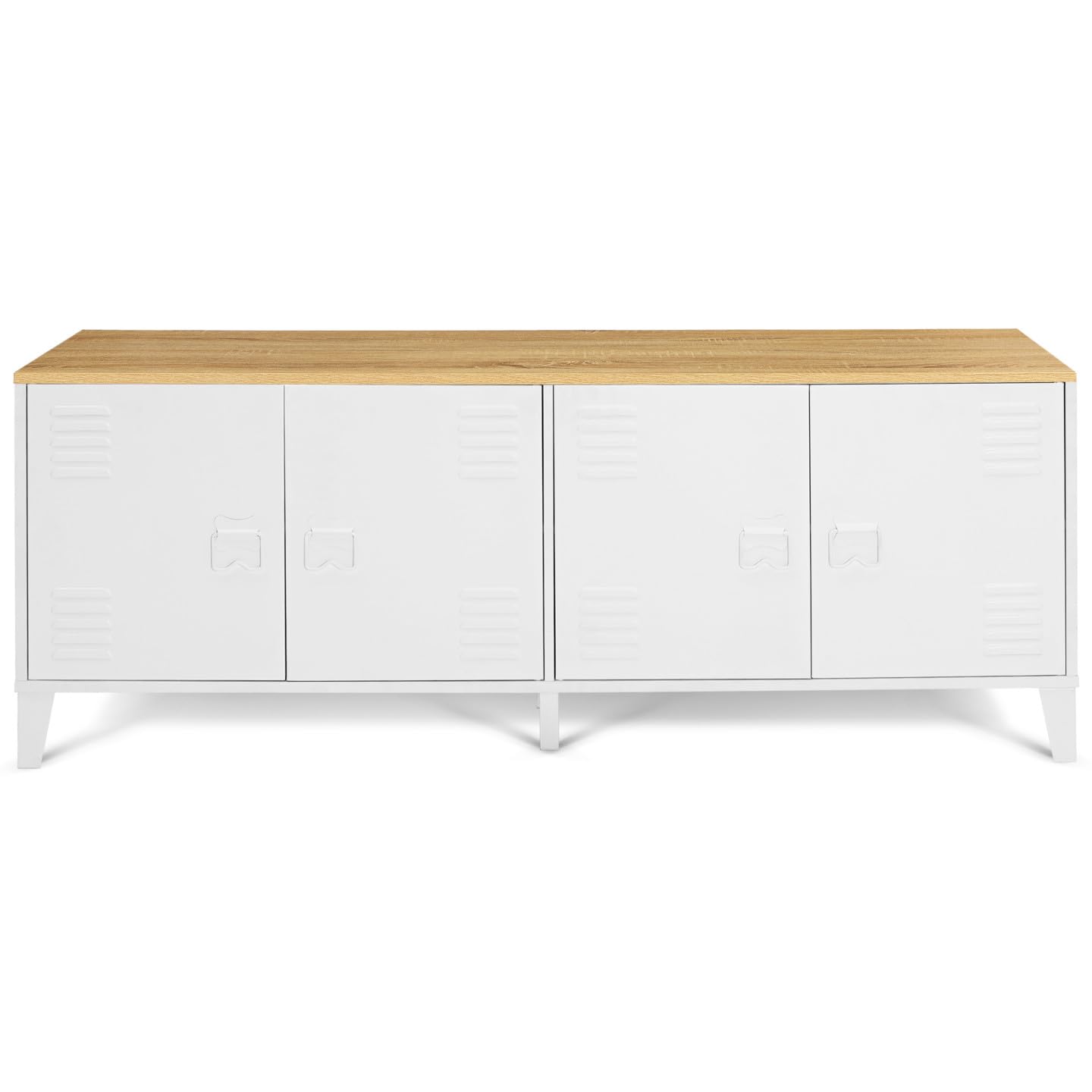 IDMarket - Buffet Bas 140 cm Ester 4 Portes métal Blanc Plateau Bois Design Industriel