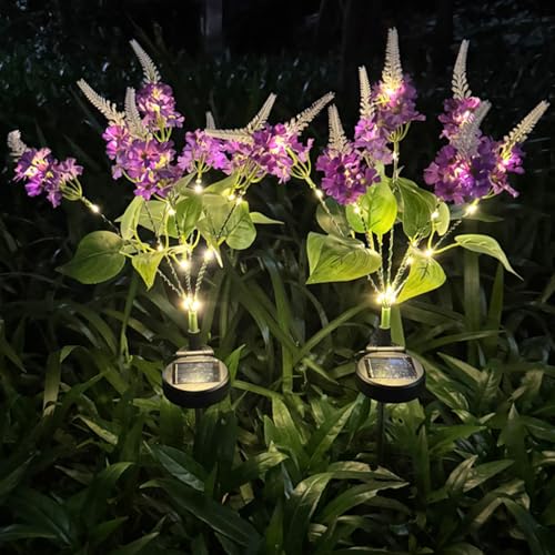 Jonuin Solar Flower Lights Outdoor Garden 2 Pack Lilac Solar Flower Lights IP65 Waterproof Solar Flowers Garden Ornaments for Lawn Yard Patio Porch Pathway Cemetery (Purple)