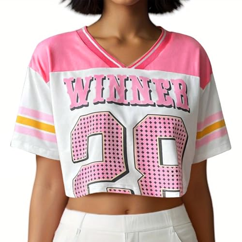 Elincho Women's Jersey Crop Top Oversized Number Graphic V-Neck T-Shirt Y2K Jersey Shirt for Women Cute Tops Casual Wear