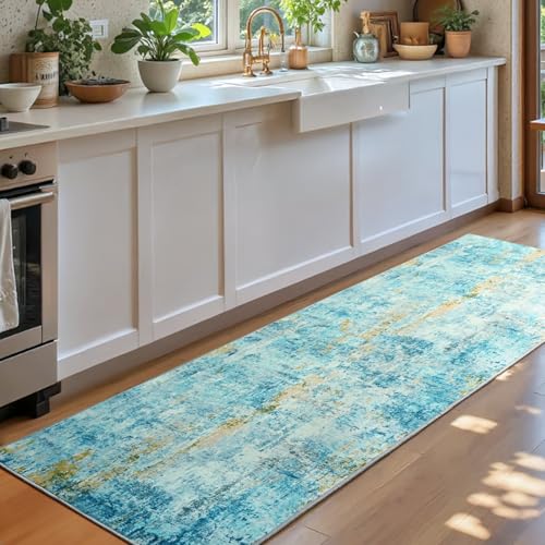Runner Rug for Kitchen Teal Blue Hallways Runner Rug Non Slip 2'6''x8' Washable Long Runner Rugs with Rubber Backing Soft Abstract Carpet Runner for Entryway, Kitchen, Bedroom, Bathroom by Ompaa - Image 2
