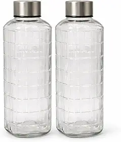 Kit 2 Garrafas de Vidro para Geladeira Água Suco Fresco Prática Elegante 1 Litro com Tampa Inox