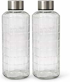 Kit 2 Garrafas de Vidro para Geladeira Água Suco Fresco Prática Elegante 1 Litro com Tampa Inox