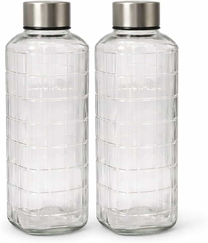 Kit 2 Garrafas de Vidro para Geladeira Água Suco Fresco Prática Elegante 1 Litro com Tampa Inox