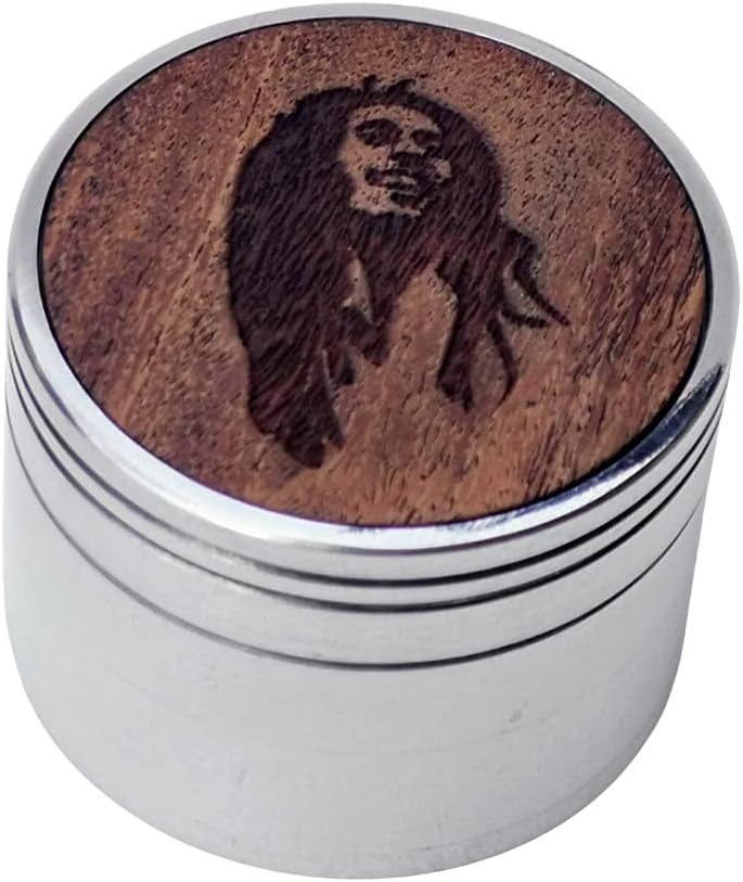 Leafglass 2.25 inch Metal Herb Crusher 4 Piece Spice Herb Grinder with Wood top - Pick Your Design (Bob Marley Art)