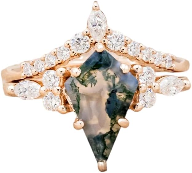 Natural Moss Agate Ring 925 Sterling Silver Kite Cut Ring Set Vintage Ring Art Deco Ring Engagement Ring Anniversary Gift Moss Agate Jewelry