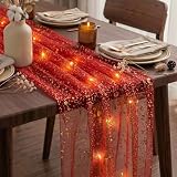 Artscope Lighted Red Gauze Table Runner,Glitter and Foil Table Decor for Weddings Anniversary Birthday and Holiday Party Decorations β 28" x 120"
