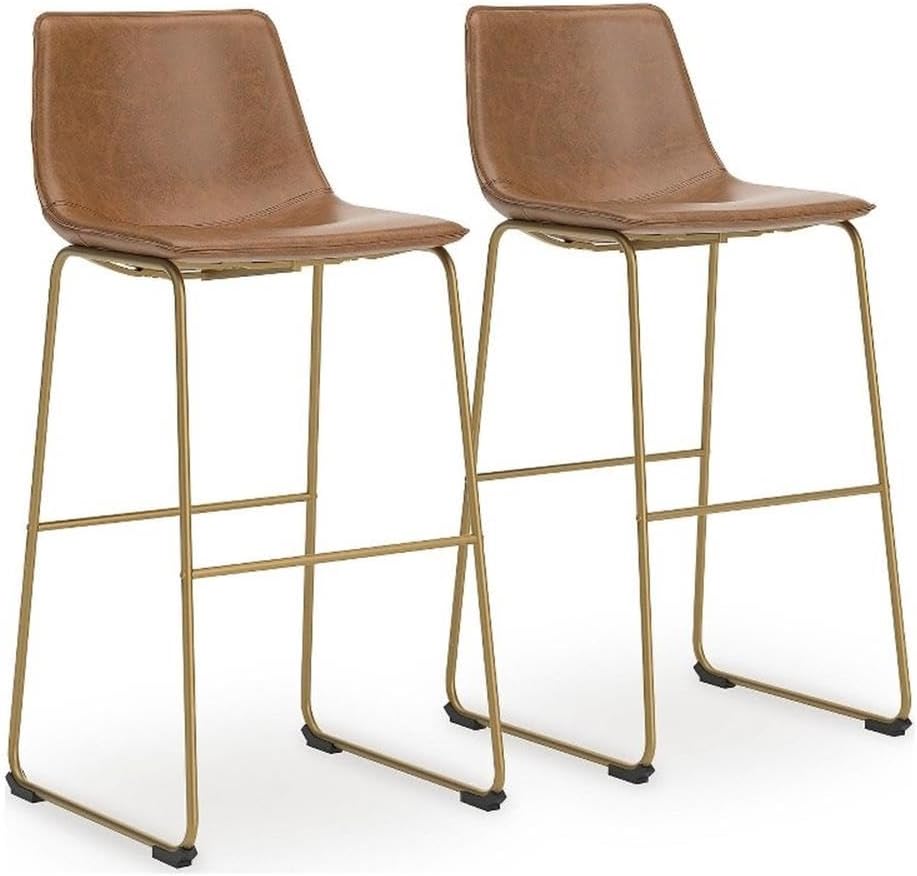 Pemberly Row Faux Leather Barstool Set of 2, 19" W x 22" D x 40" H, Brown Upholstery, Gold Metal Frame, Contoured Bucket Seat, Mid-Century Style, Kitchen Island or Home Bar Seating