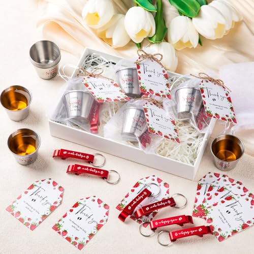 Vesici 25 Sets Baby Shower Favors for Guests 1.5 oz Stainless Steel Shot Glasses Cute Bottle Opener Keychains Thank You Tags Bags Girl Boy Baby Shower Gender Reveal Party Return Gift (Strawberry) by Vesici - Image 6