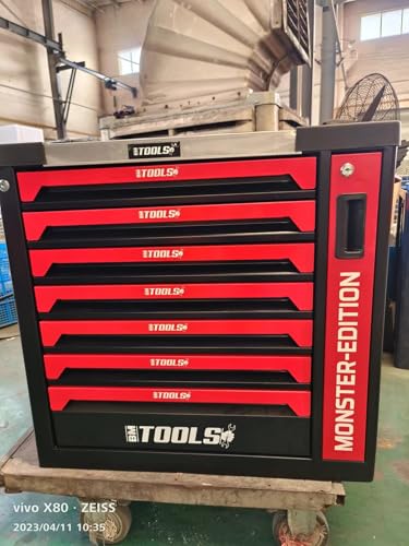 BM TOOLS Servante d'atelier 9/7 Monster-Edition-Red 7 tiroirs Pleins, 1 Porte & 1 tiroir Vertical - 257 Outils - sur roulettes – vue 6