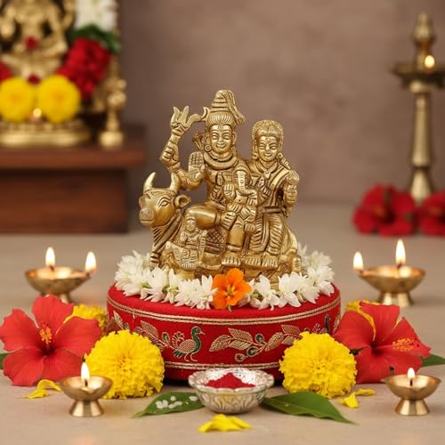 LOVENSPIRE Brass Shiv Parivar Idol Statue Hindu God Shiva Parvati Ganesha Kartikeya Nandi Family Murti Sculpture - Pooja Home Temple Mandir Decor - Decorative Showpiece Housewarming Gift (3.7 Inches)