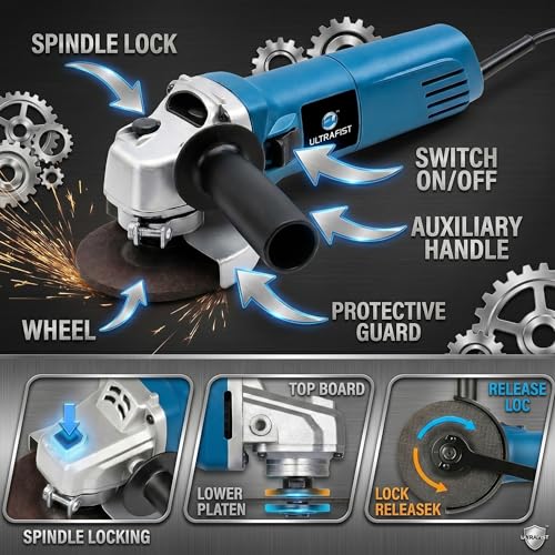 Image of Ultra Fist Silver 850W Angle Grinder 100mm /4 Inch, 11000 RPM Electric Hand Grinder with Metal Gear Housing, Spindle Lock, Auxiliary Side Handle, Spanner, Carbon Brushes & Cutting /Grinding Wheels