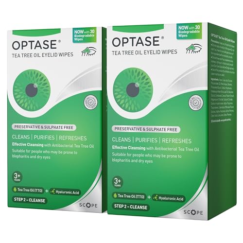 Optase Tea Tree Oil Eyelid Wipes Cleanses Purifies and Refreshes Eyelids Preservative Free Biodegradable Wipes Effective Cleansing with Antibacterial Tea Tree Oil - 2x30 Pack