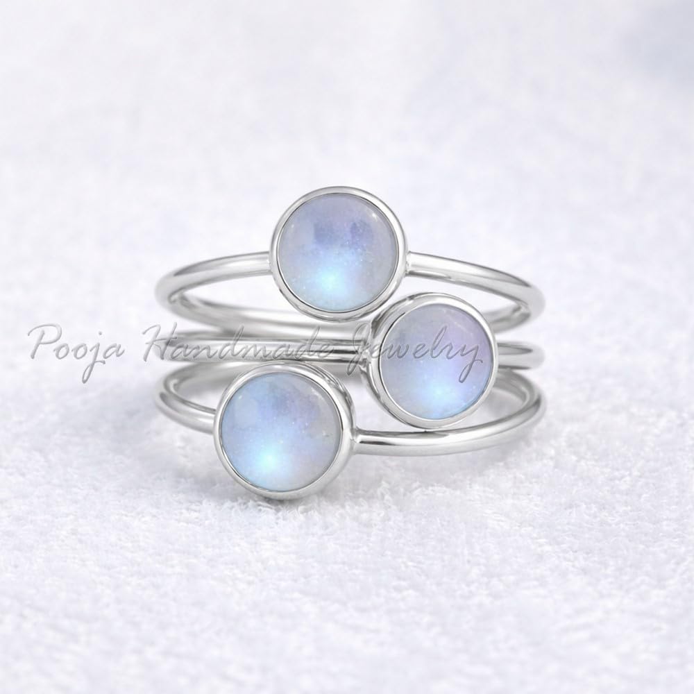 Rainbow Moonstone Three Stone Ring 925 Sterling Silver, Natural Gemstone Statement Ring for Women, Handmade Boho Jewelry