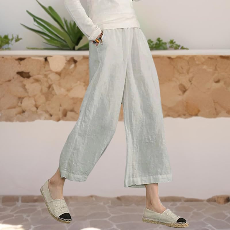 ZOCANIA Womens Casual Loose Wide Leg Pants Elastic Waist Flowy Capri Pants Beach Summer Lounge Cotton Linen Pants2